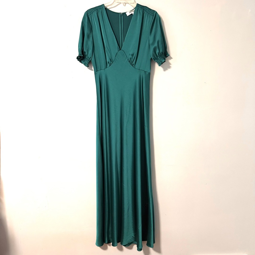 Diane von Furstenberg Avianna Shirred Satin Maxi Dress Gown Green 4